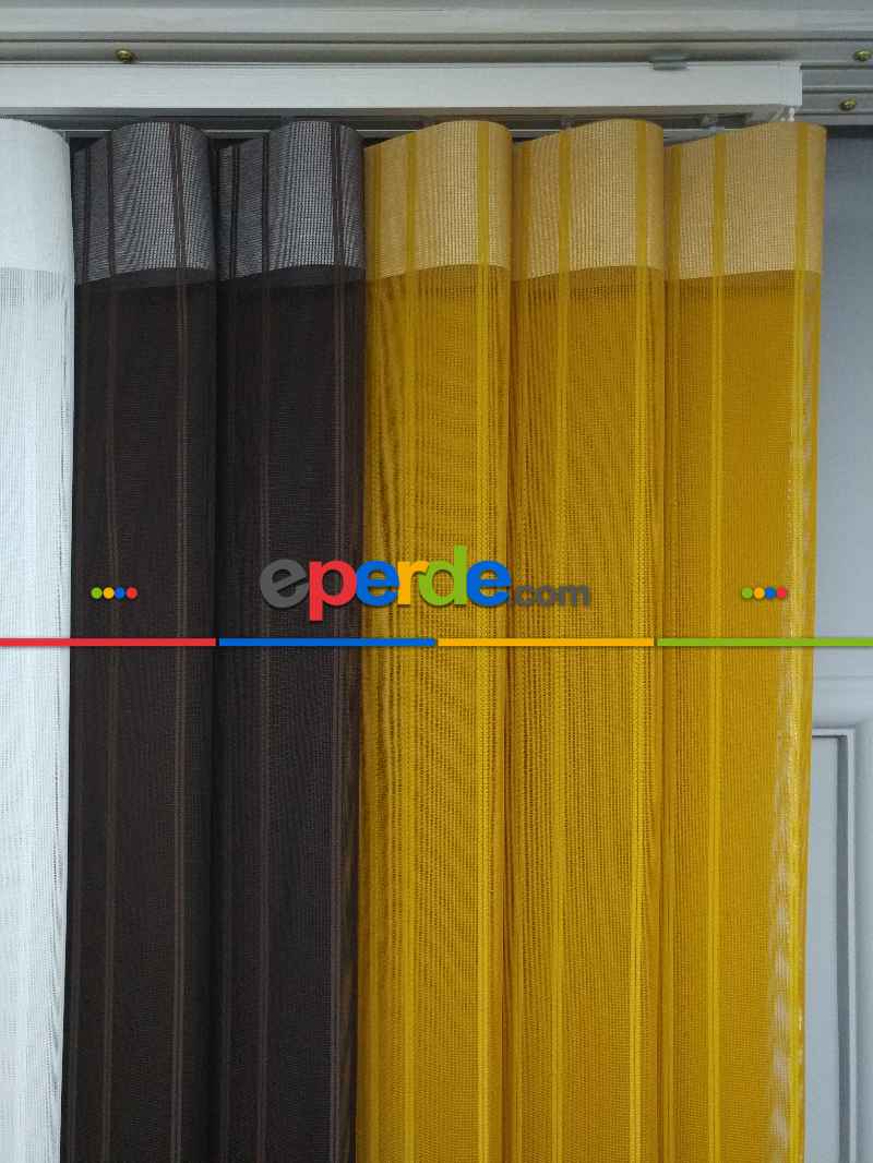 Lens Akıllı Dikey Tül Perde 117- Beyaz-kahve Koyu-hardal