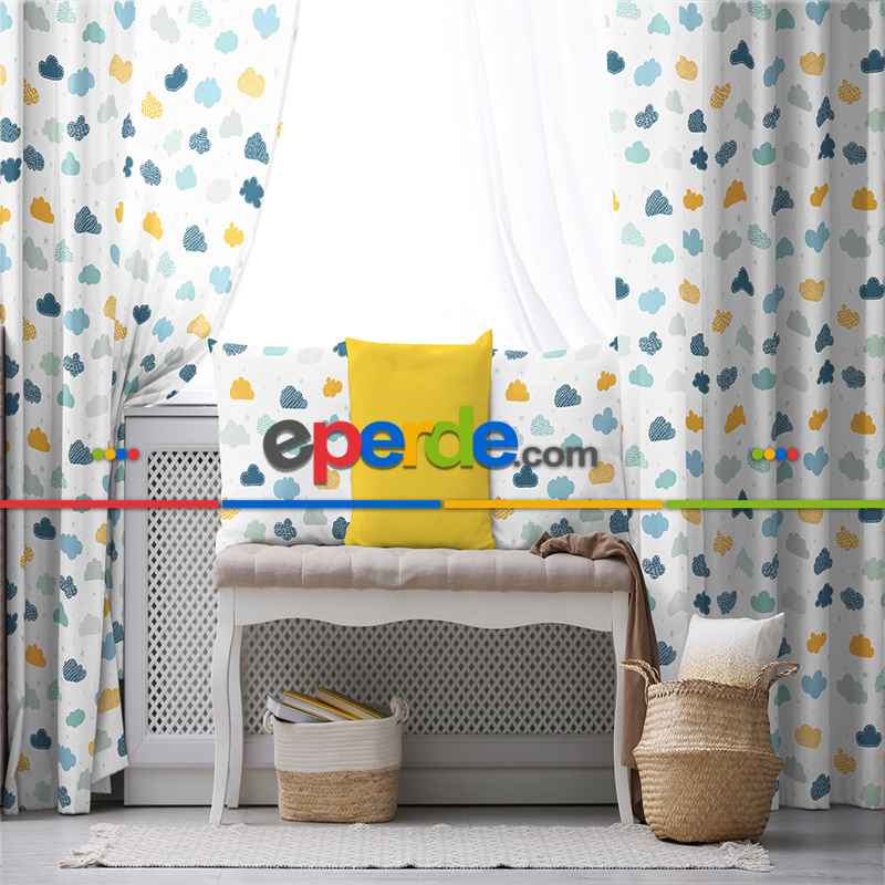 Bulut Desenli Fon Perde Evim809 Kumaşı Kalındır Duck Bezi Değildir- Mavi-beyaz