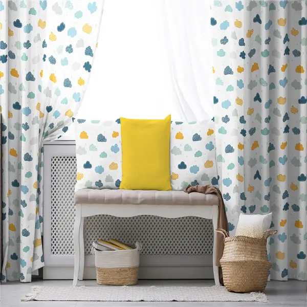 Çocuk Odası - Bulut Desenli Fon Perde Evim809 Kumaşı Kalındır Duck Bezi Değildir- Mavi-beyaz