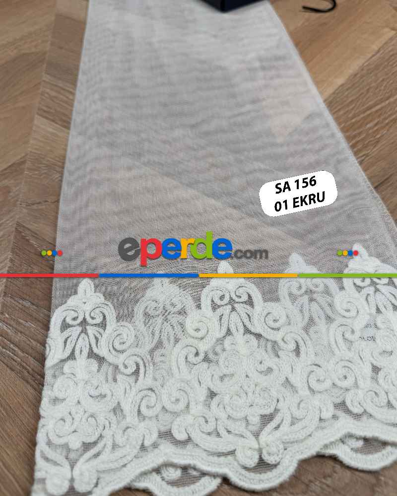 Oturma Odası - Etek Ucu Damask Nakışlı Düz Tül Perde, Özel Dokuma Premium Seri