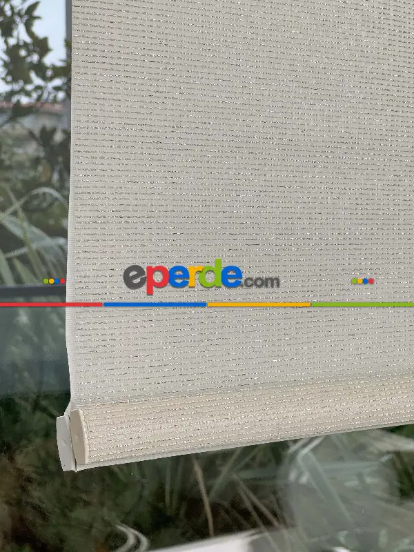 Ekru Krem Simli Çiftli Sistem Tül Stor Perde, Standart Metal Kasalı Yüksek Kalite Kornişe Kolay Montaj Seçenekli