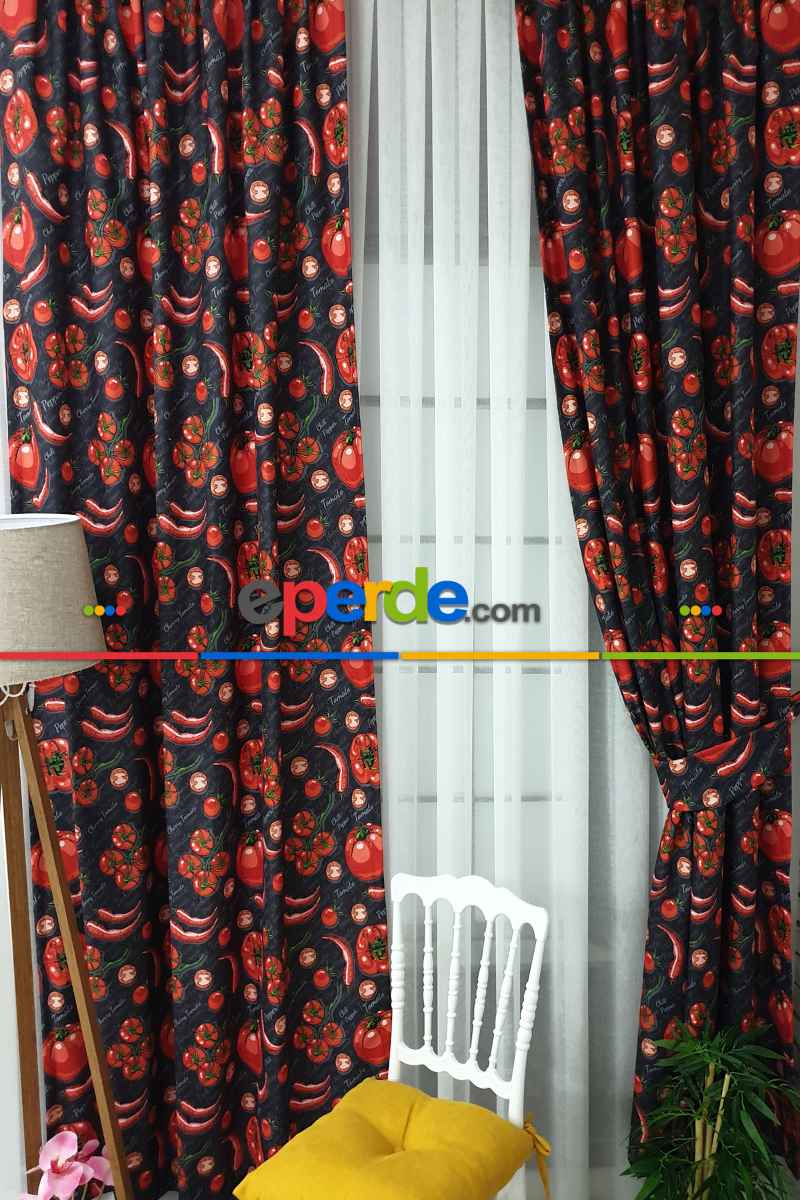 Mutfak Perdesi Kanat Fon Perde Dometes Biber Desenli- Siyah