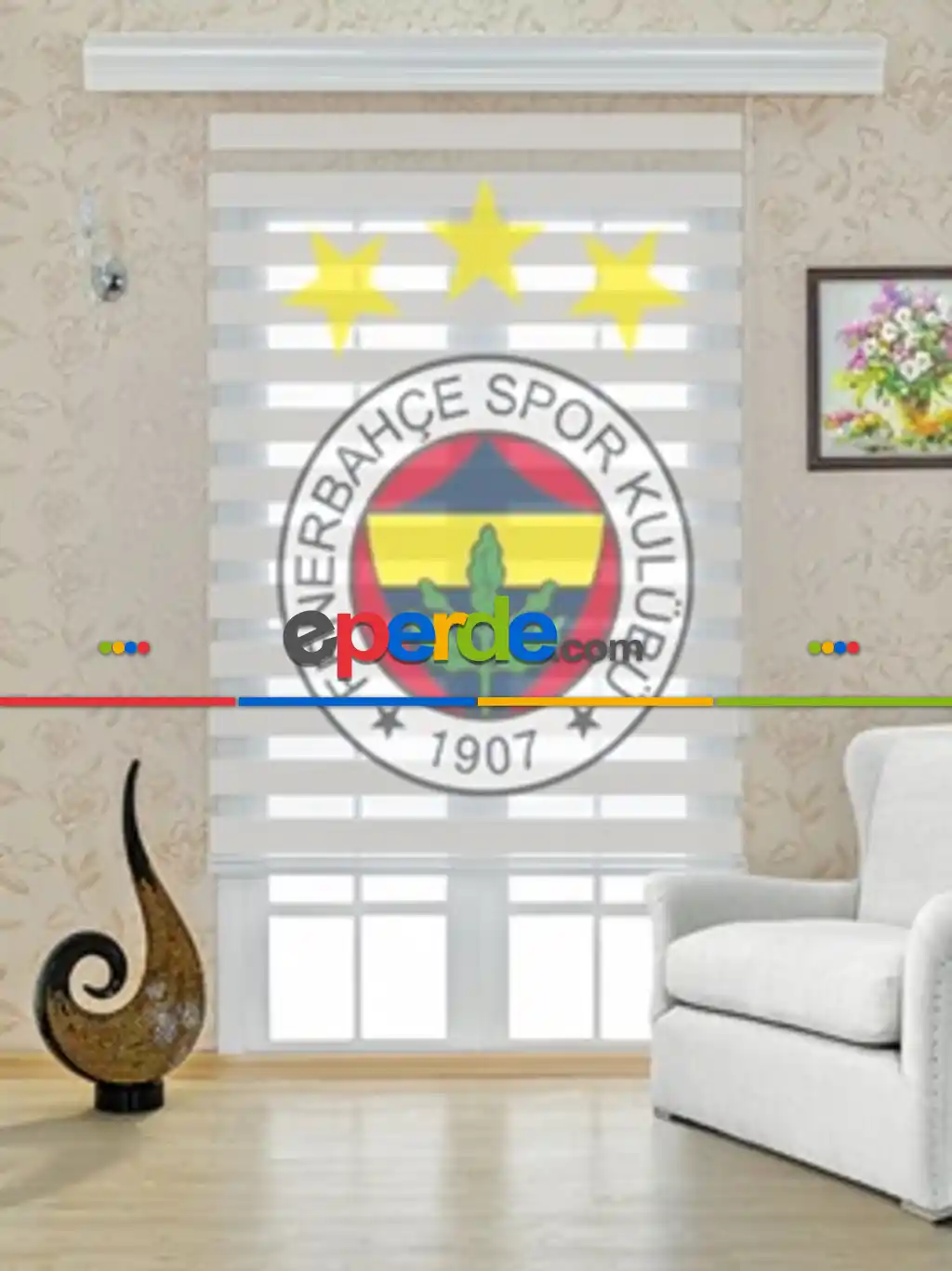 Taraftar Dijital Baskılı Zebra Perde Fenerbahçe Amblemi- Beyaz