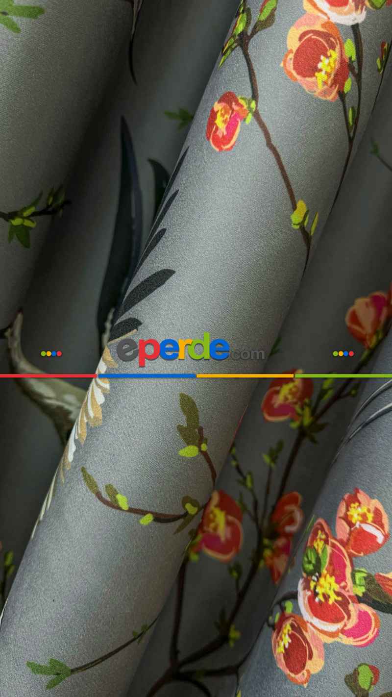 Genç Odası Antrasit Gri Çiçek Kuş Desenli İthal Kadife Fon Perde - Premium Kalite Serisi Ağır Gramajlı