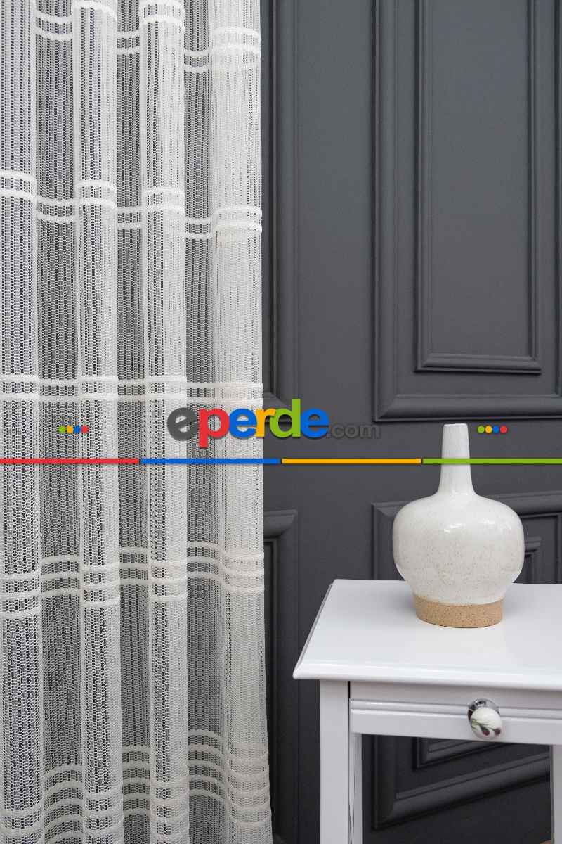 Yatak Odası - Clara Enine Bantlı Örme Tül Perde - Ekru -( Ütü İstemez )