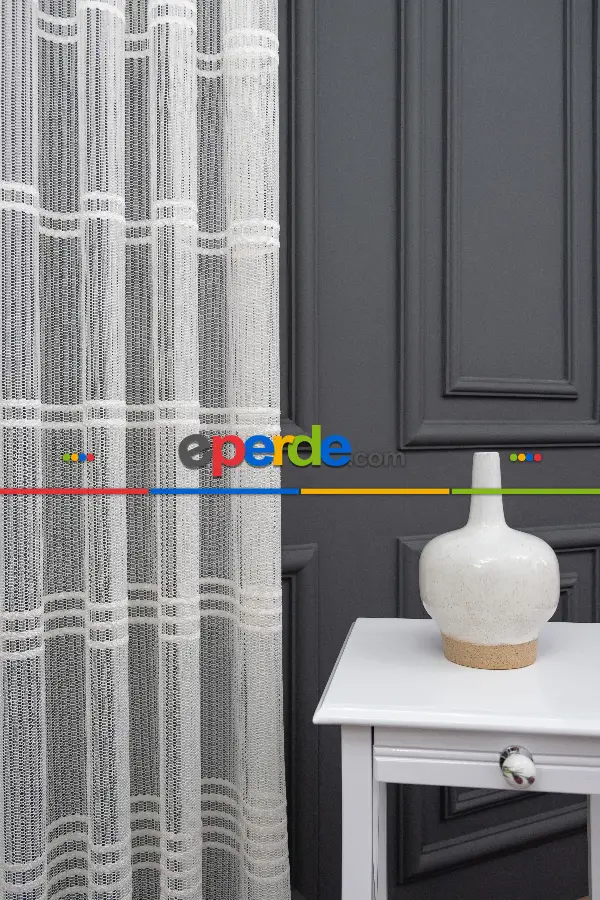 Yatak Odası - Clara Enine Bantlı Örme Tül Perde - Ekru -( Ütü İstemez )