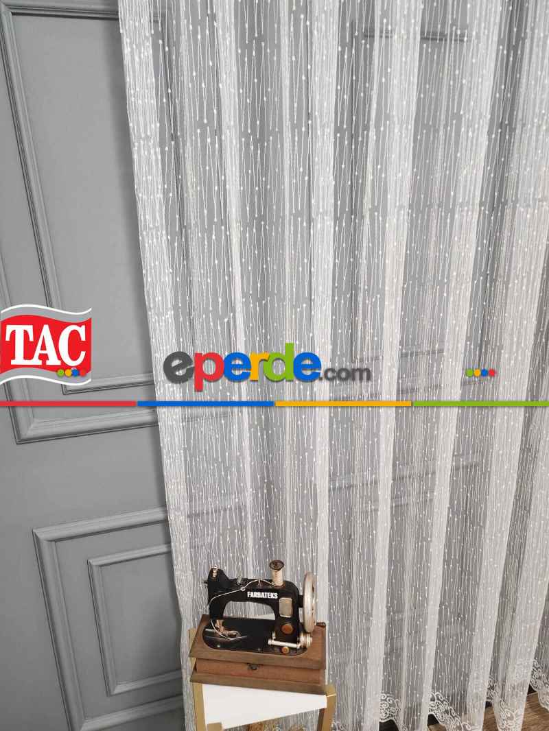 Taç - Brode İşlemeli Tül Perde - Yeni Nokta Çizgi Desenli - İşlemeli Nakışlı Tül Perde - Spor Desen