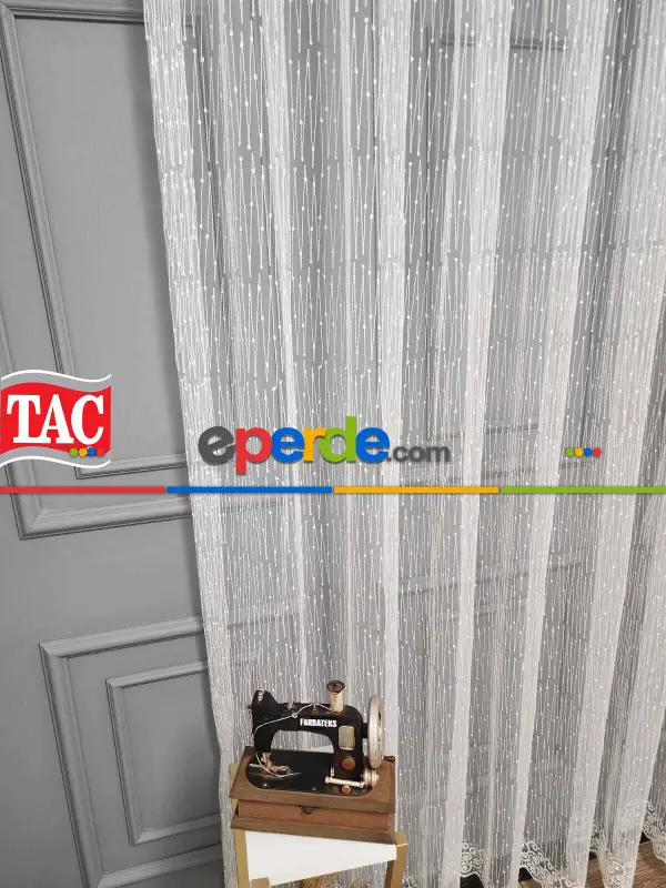 Taç - Brode İşlemeli Tül Perde - Yeni Nokta Çizgi Desenli - İşlemeli Nakışlı Tül Perde - Spor Desen