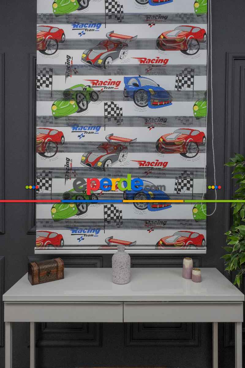 Erkek Çocuk Odası zebra Perde - Dijital Araba Baskılı Zebra Perde - Arabalar Desenli