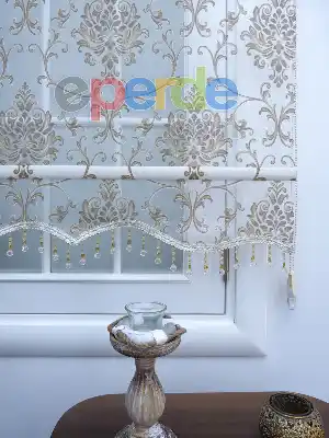 Damask Desenli Çiftli Sistem Stor Tül Perde- Kahverengi