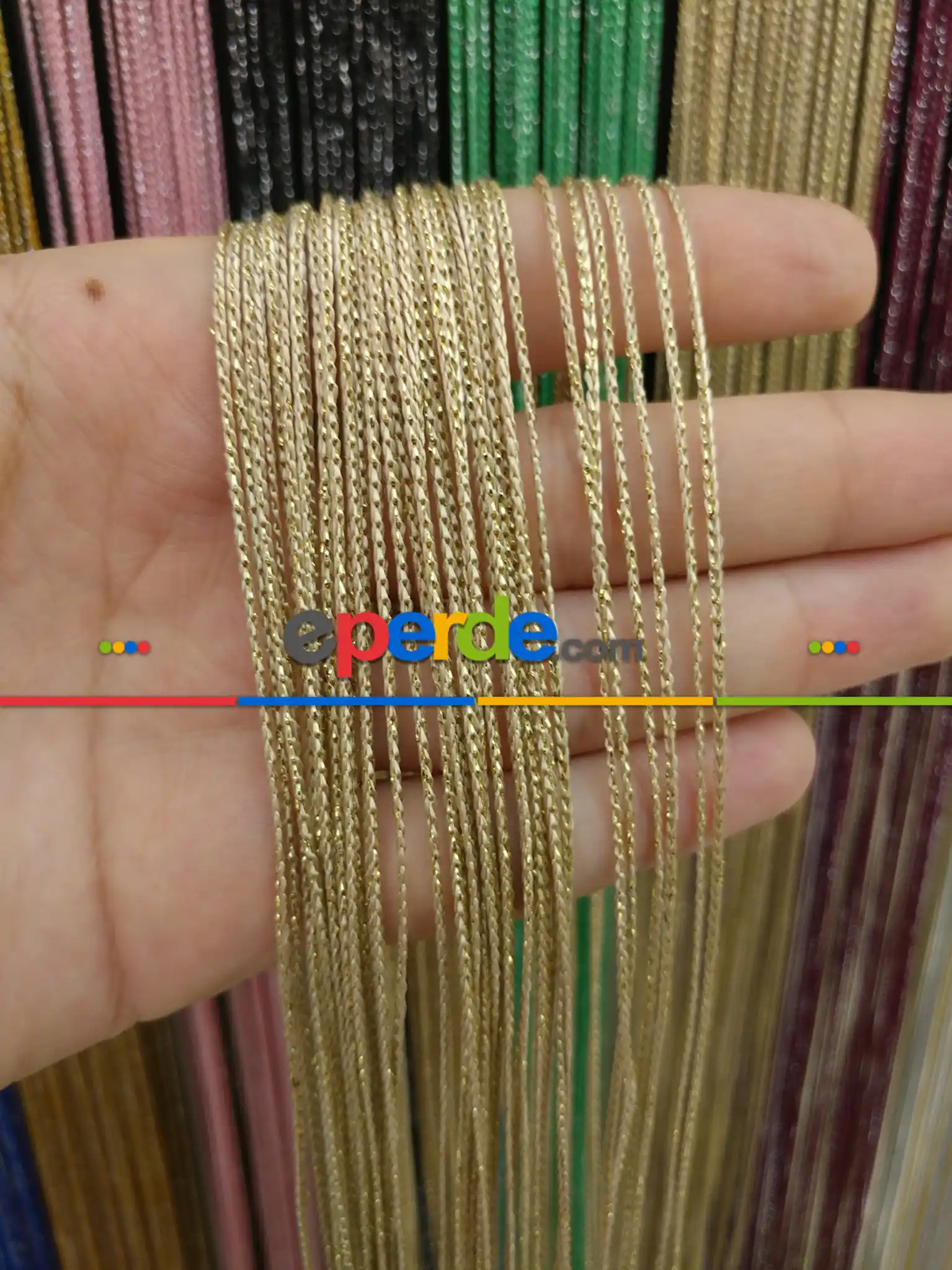 Bej Altın Rengi İp Perde İnce Zincir Simli Serisi- Bej-altın