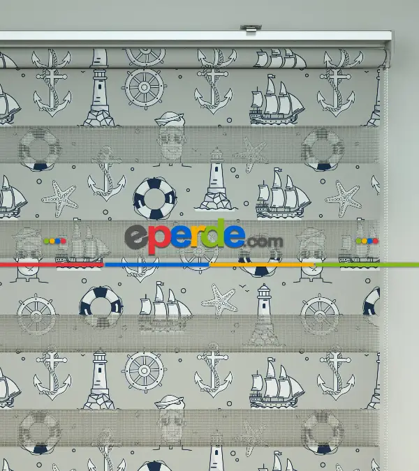 Bebek Odası Zebra Perde - Çapa Desen Baskılı Zebra Perde- Mavi-Beyaz