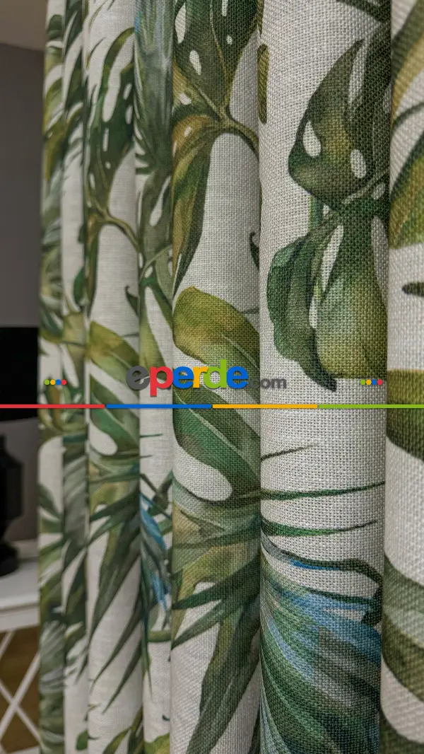 Bej Yeşil Tropikal Desenli Keten Fon Perde - Premium Kalite Serisi Ağır Gramajlı