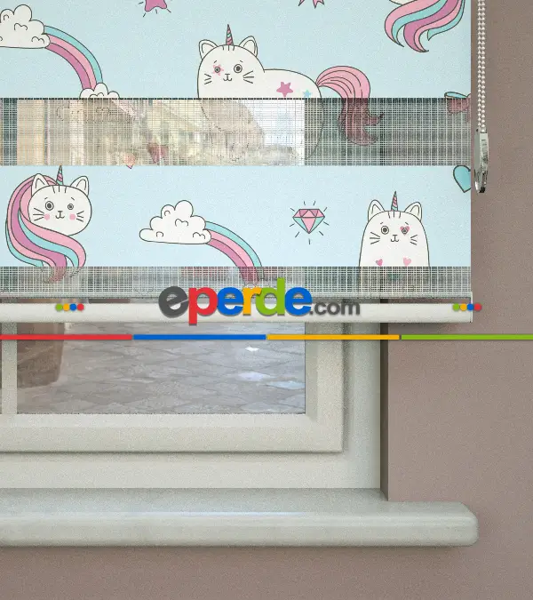 Unicorn Desenli Baskılı Zebra Perde- Çok Renkli