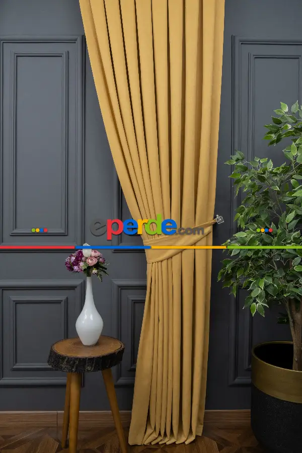 Hardal Düz Fon Perde Dökümlü Fon Perde