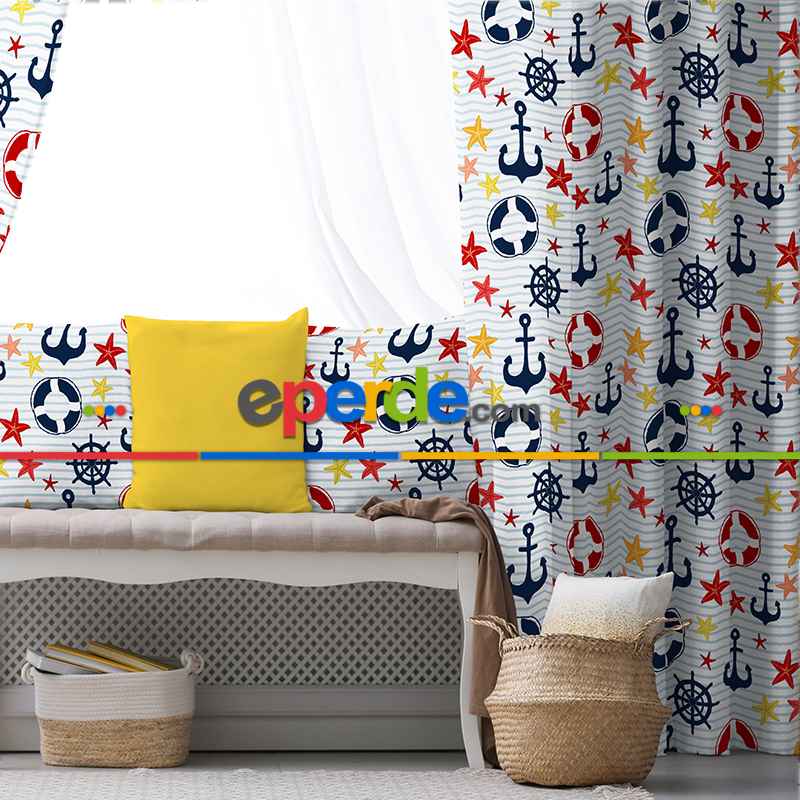 Çapa Desenli Fon Perde Evim932 Kumaşı Kalındır Duck Bezi Değildir- Mavi-beyaz