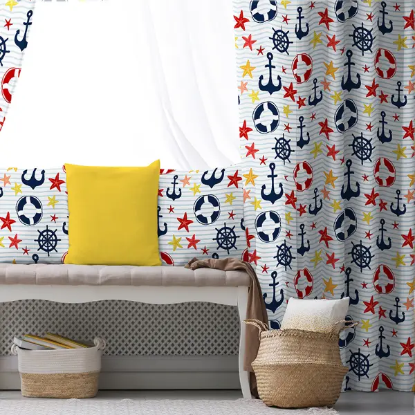 Çocuk Odası - Çapa Desenli Fon Perde Evim932 Kumaşı Kalındır Duck Bezi Değildir- Mavi-beyaz