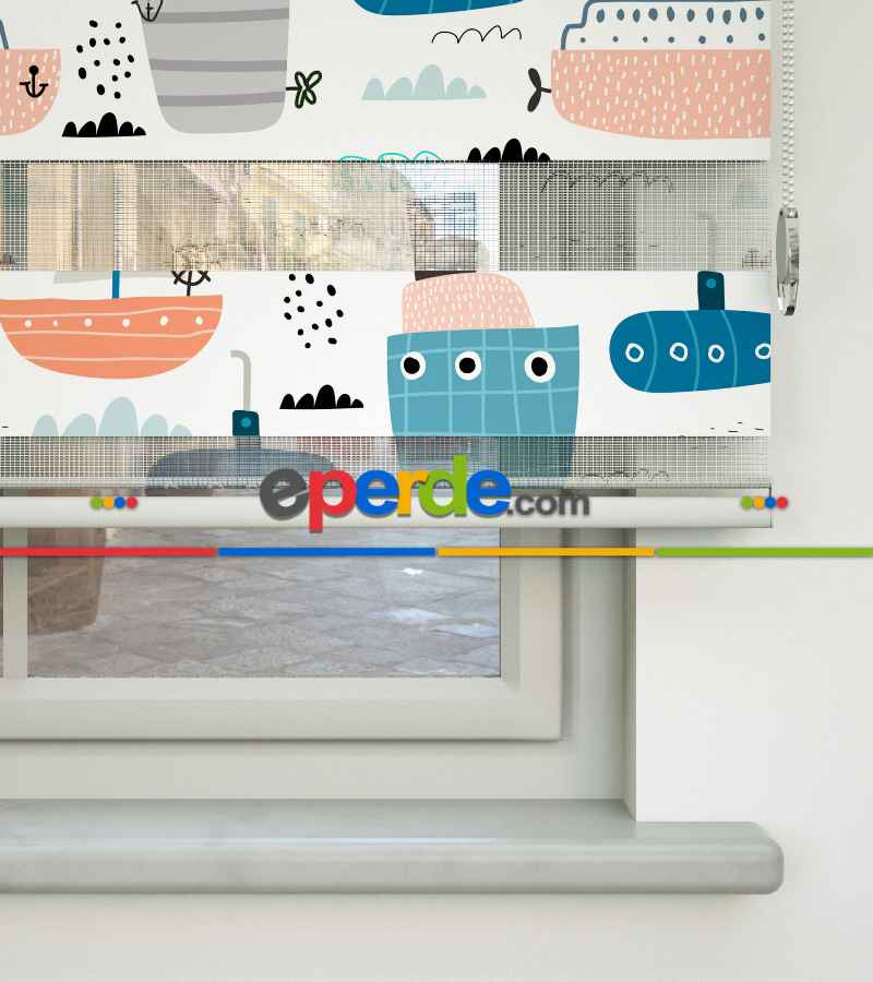 Çocuk Odası Zebra Perde - Gemi Desenli Baskılı Zebra Perde- Çok Renkli