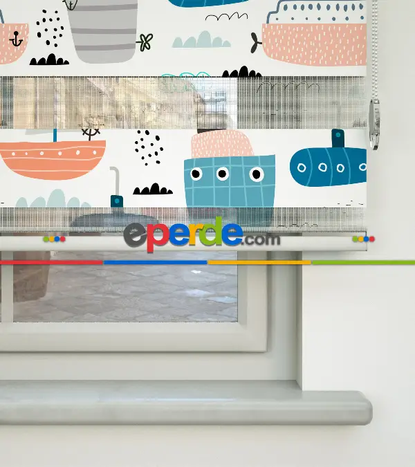 Bebek Odası Zebra Perde - Gemi Desenli Baskılı Zebra Perde- Çok Renkli