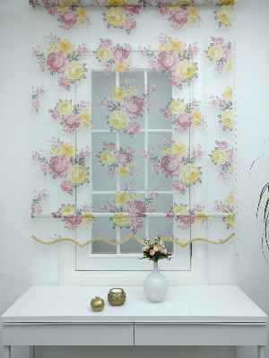 Sarı Pembe Çiçek Desenli Tül Stor Çiftli Sistem Perde- Sarı-pembe