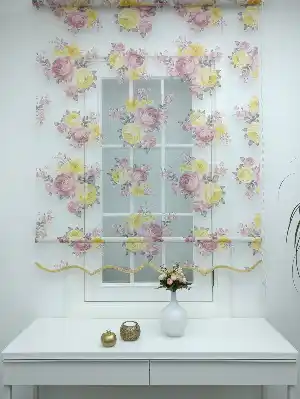 Sarı Pembe Çiçek Desenli Tül Stor Çiftli Sistem Perde- Sarı-pembe