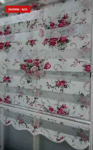 Kırmızı Çiçekli Baskılı Zebra Perde Siyah Kırmızı