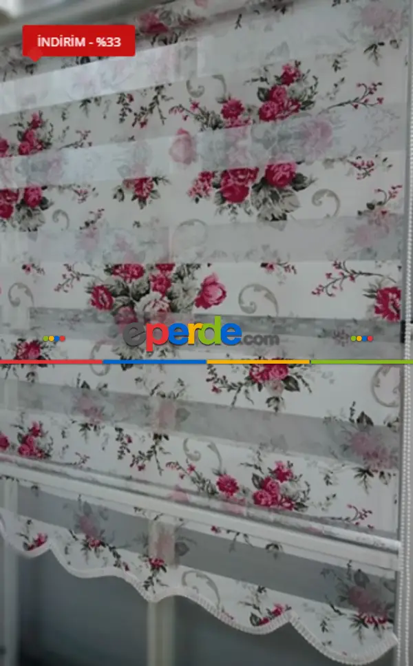 Kırmızı Çiçekli Baskılı Zebra Perde Siyah Kırmızı