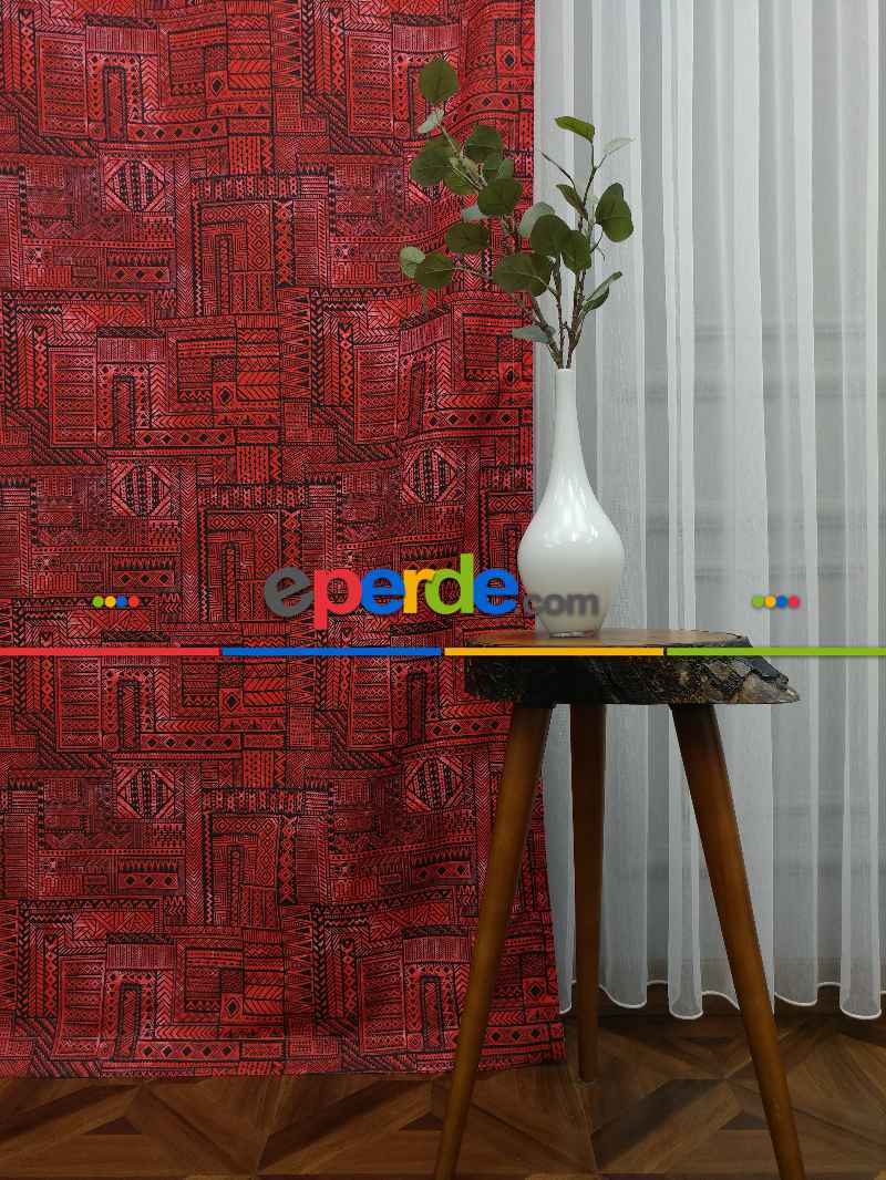 Kırmızı Geometrik Desenli Fon Perde Evm708 Kumaşı Kalındır Duck Bezi Değildir- Kırmızı Koyu