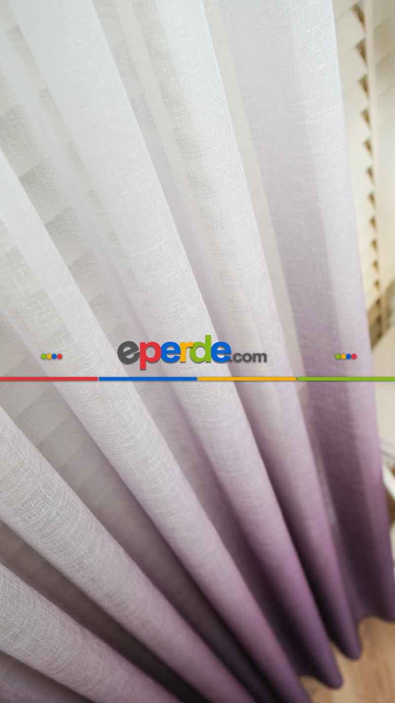 Keten Ekru Mor Degrade Geçişli Tül Perde, Ağır Gramajlı Premium Seri, Eteği Kurşunlu