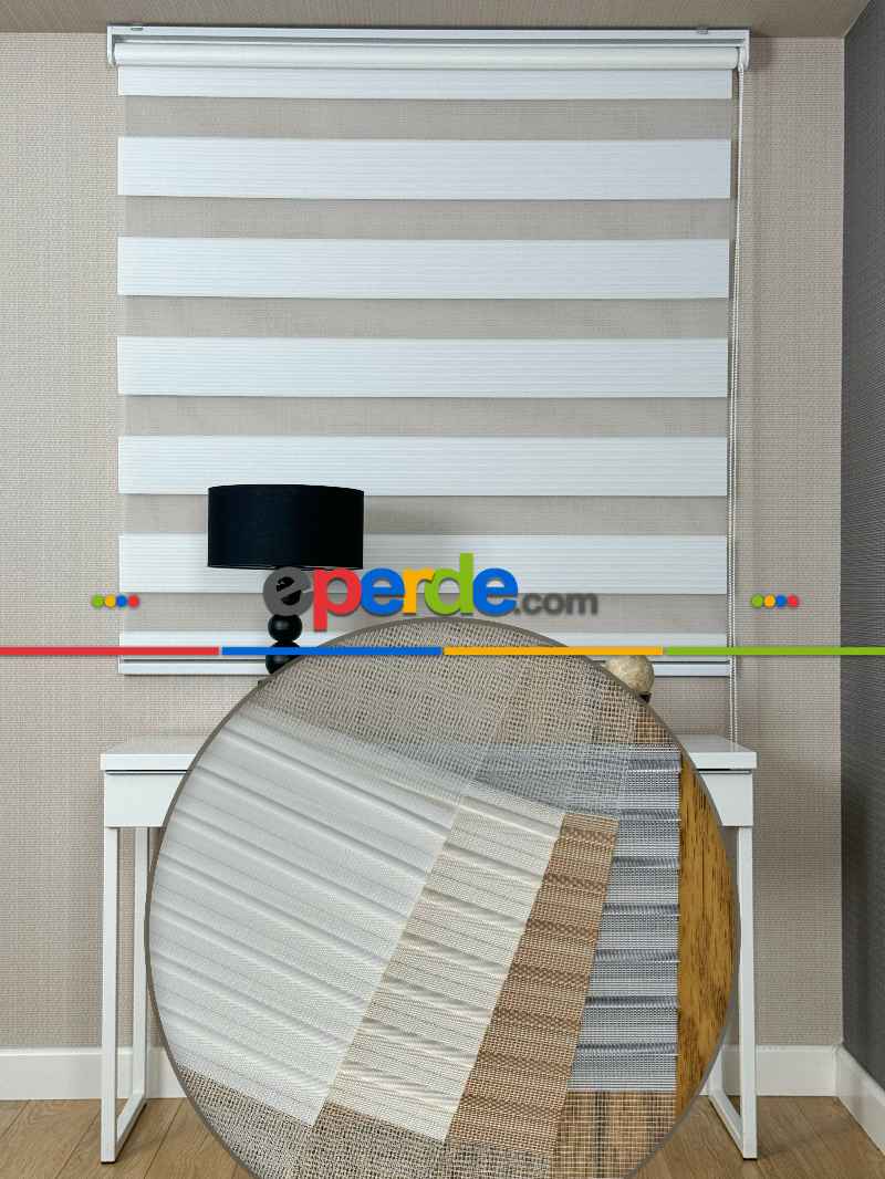 Ekru Pliseli Geniş Zebra Perde, Standart Metal Kasalı Yüksek Kalite Kornişe Kolay Montaj Seçenekli