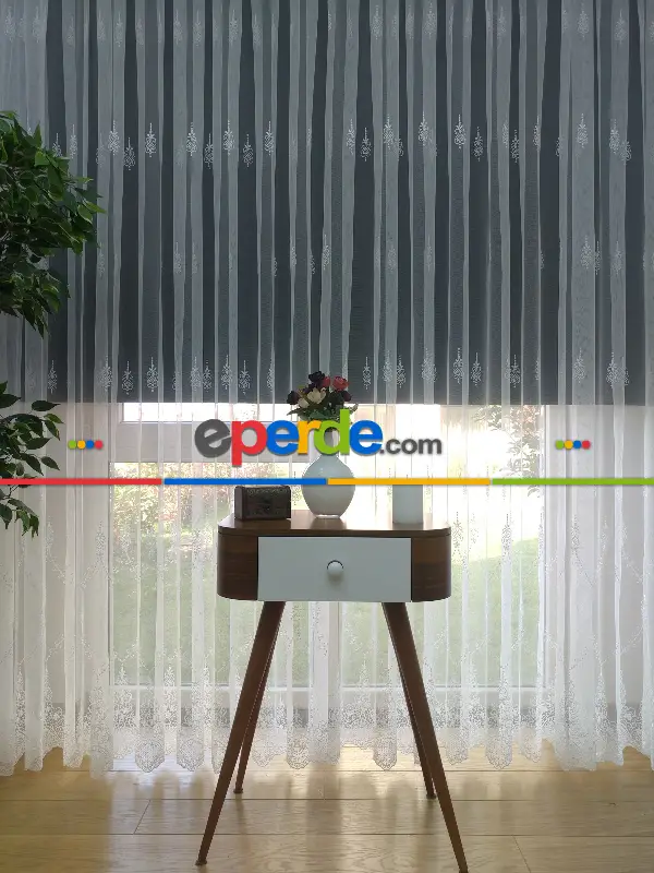 %60 İndirimli - Nakış İşlemeli Desenli Tül Perde - Ütü İstemez- Ekru