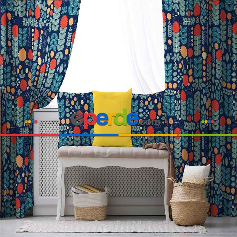 Etnik Fon Perde Evim1554 Kumaşı Kalındır Duck Bezi Değildir- Mavi-beyaz