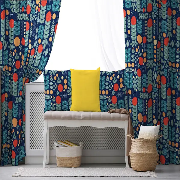 Etnik Fon Perde Evim1554 Kumaşı Kalındır Duck Bezi Değildir- Mavi-beyaz