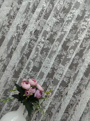 Çiçek Desenli Fransız Dantel Tül Perde- Ekru