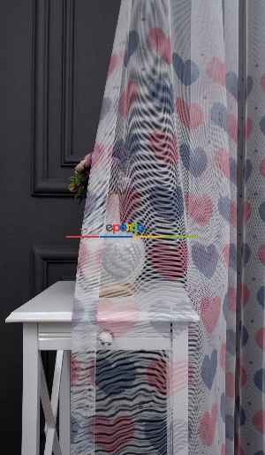 Hazır Ölçülü Petek Zemin Mor Pembe Renkli Kalp Desenli Grek Baskılı Tül Perde