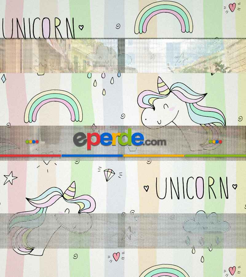 Unicorn Desenli Baskılı Zebra Perde- Çok Renkli