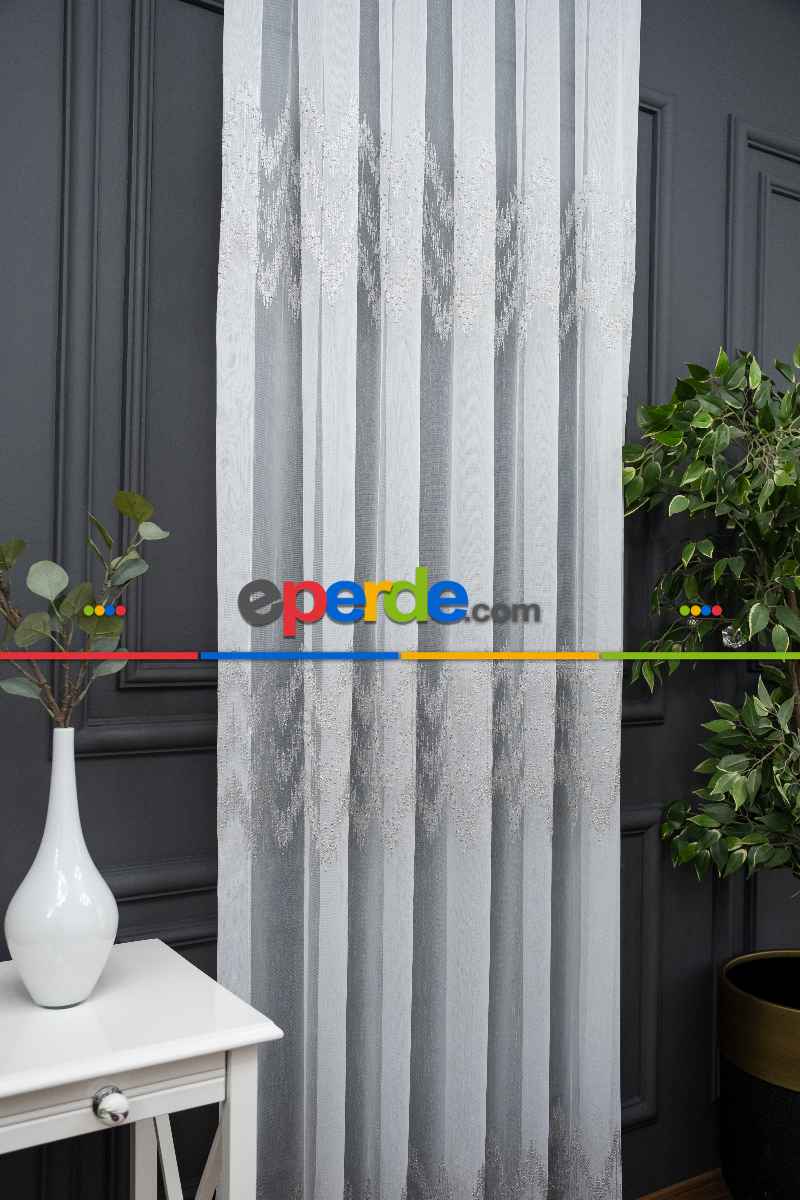 Salon Tül Modelleri - Gri Nakış İşlemeli Hudson Tasarım Tül Perde Modeli