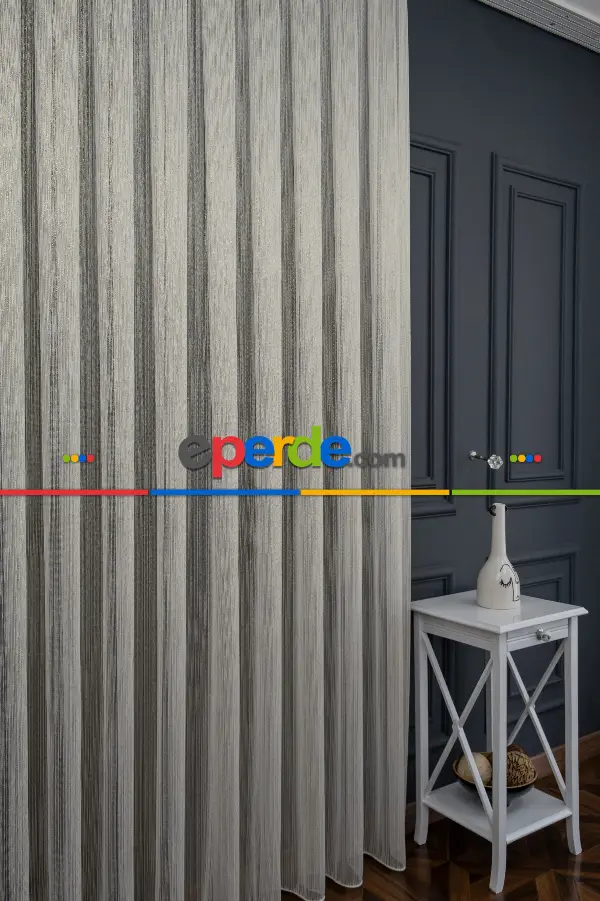 Çizgi Altın Gold Simli Çelik Sim Pırıltılı Işıltılı Çizgili Tül Tasarım Perde