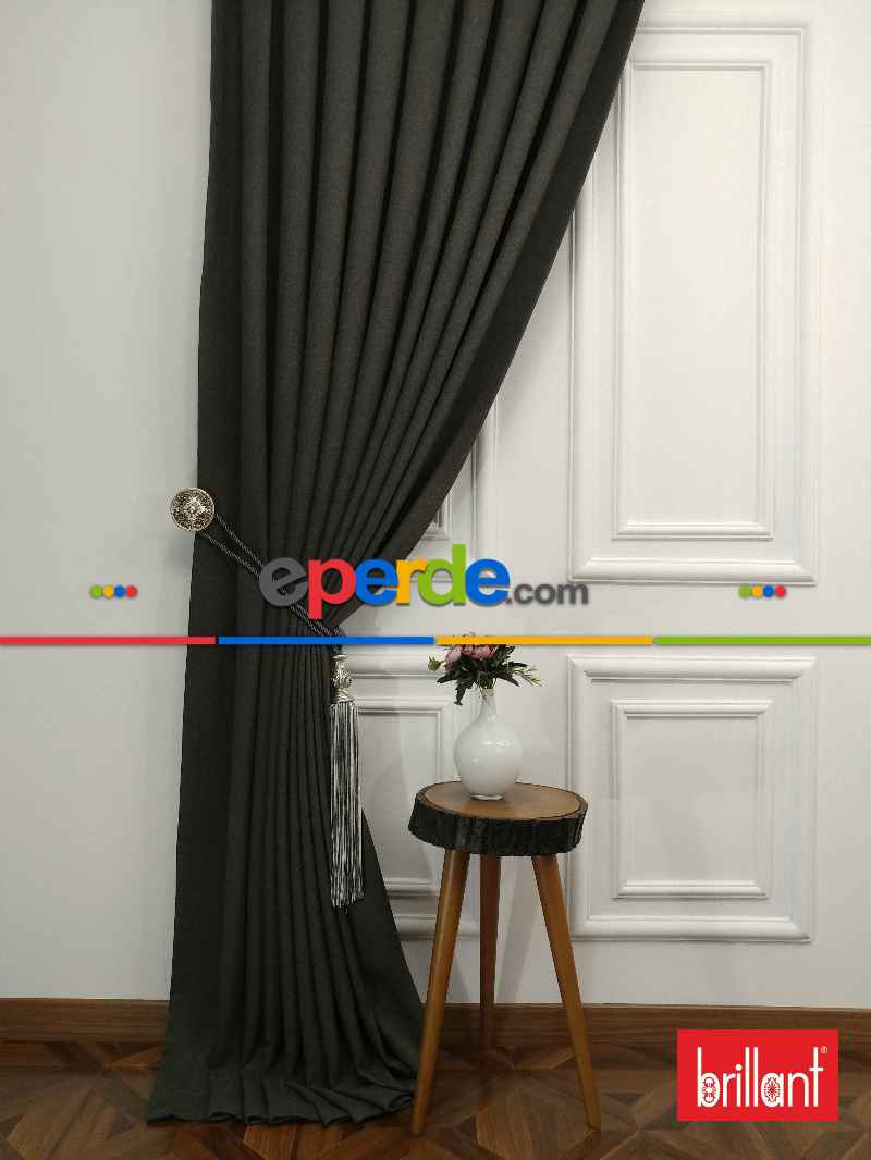 Brillant Keten Antrasit Renk Düz Fon Perde - Füme