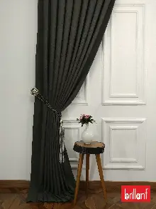 Yatak Odası - Brillant Keten Antrasit Renk Düz Fon Perde - Füme