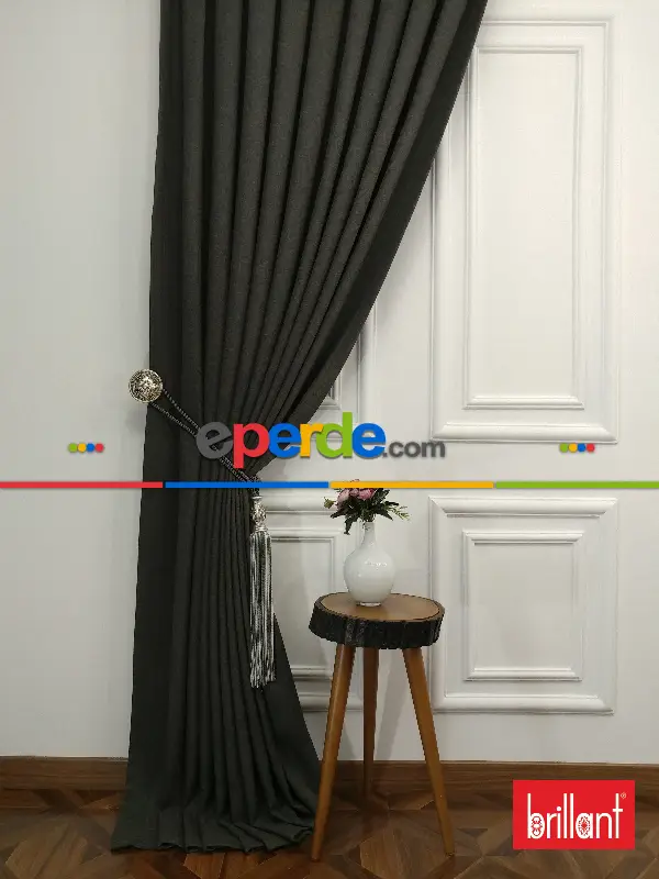 Yatak Odası - Brillant Keten Antrasit Renk Düz Fon Perde - Füme