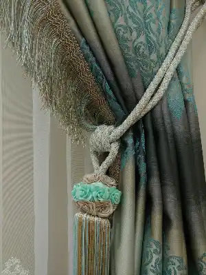 Renk Geçişli Jakar Damask Desenli Salon Fon Perdesi - Lacivert - Mavi - Bej ( Kendinden Saçaklı)- Bej-füme-turkuaz