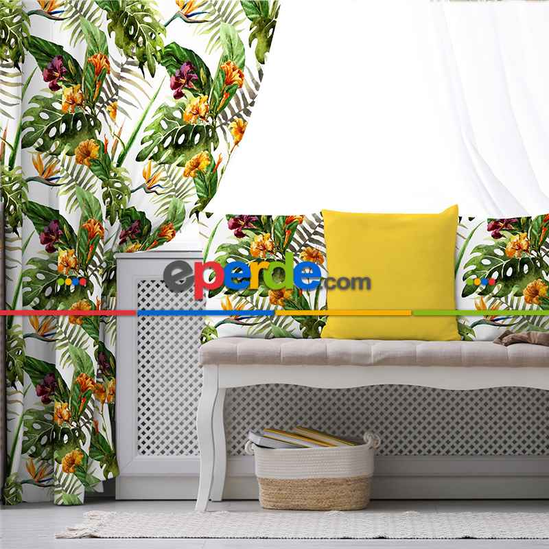 Tropikal Desenli Fon Perde Evim299 Kumaşı Kalındır Duck Bezi Değildir- Mavi-beyaz