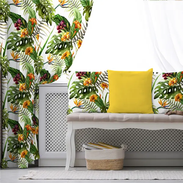 Tropikal Desenli Fon Perde Evim299 Kumaşı Kalındır Duck Bezi Değildir- Mavi-beyaz