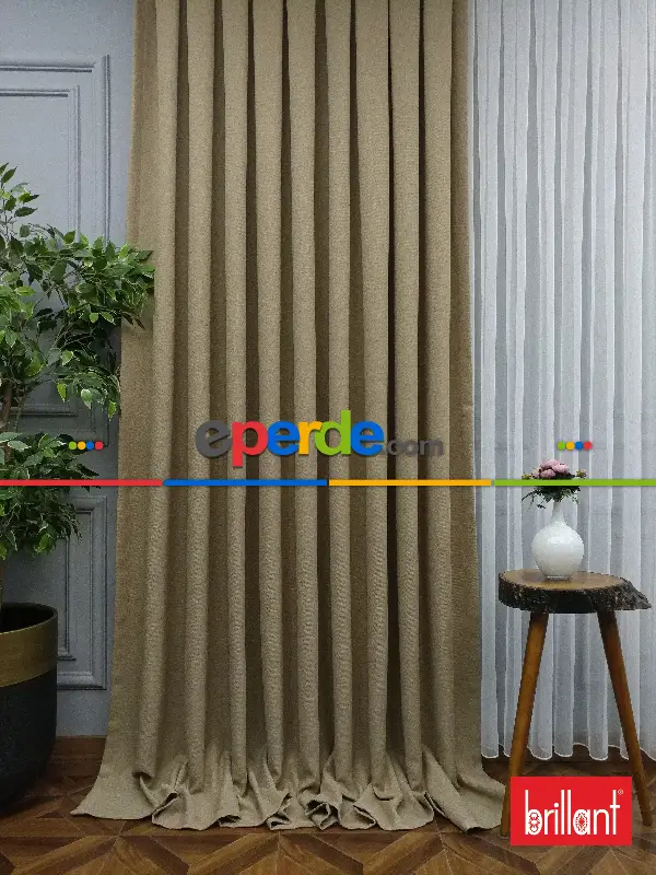 Yatak Odası - Brillant Keten Açık Bej Renk Düz Fon Perde - Bej
