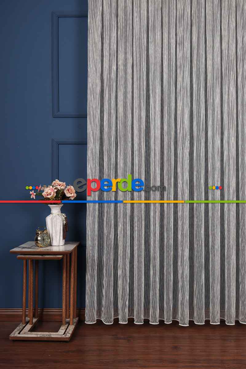 Salon Tül Modelleri - Luka Ekru-siyah Düz Tül Perde Ütü İstemez