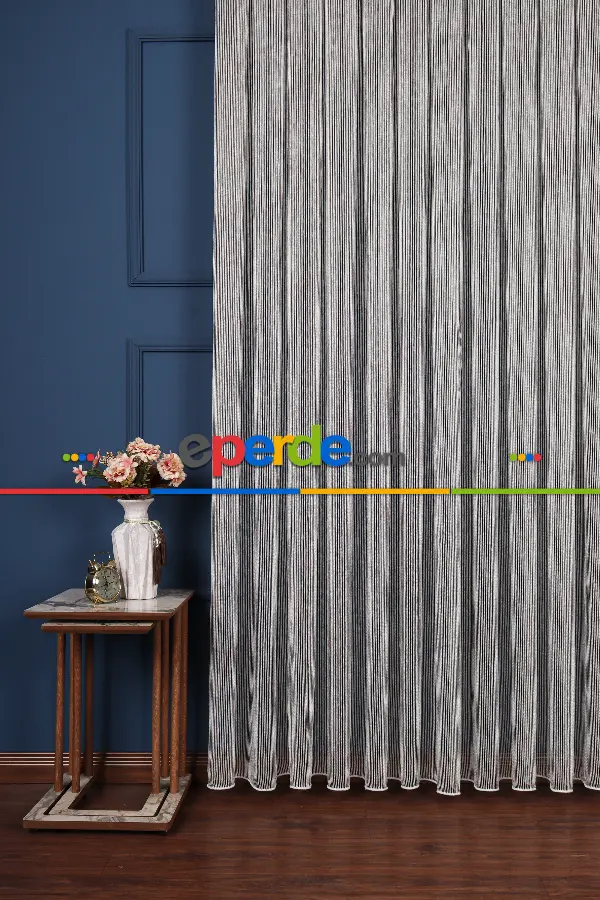 Salon Tül Modelleri - Luka Ekru-siyah Düz Tül Perde Ütü İstemez