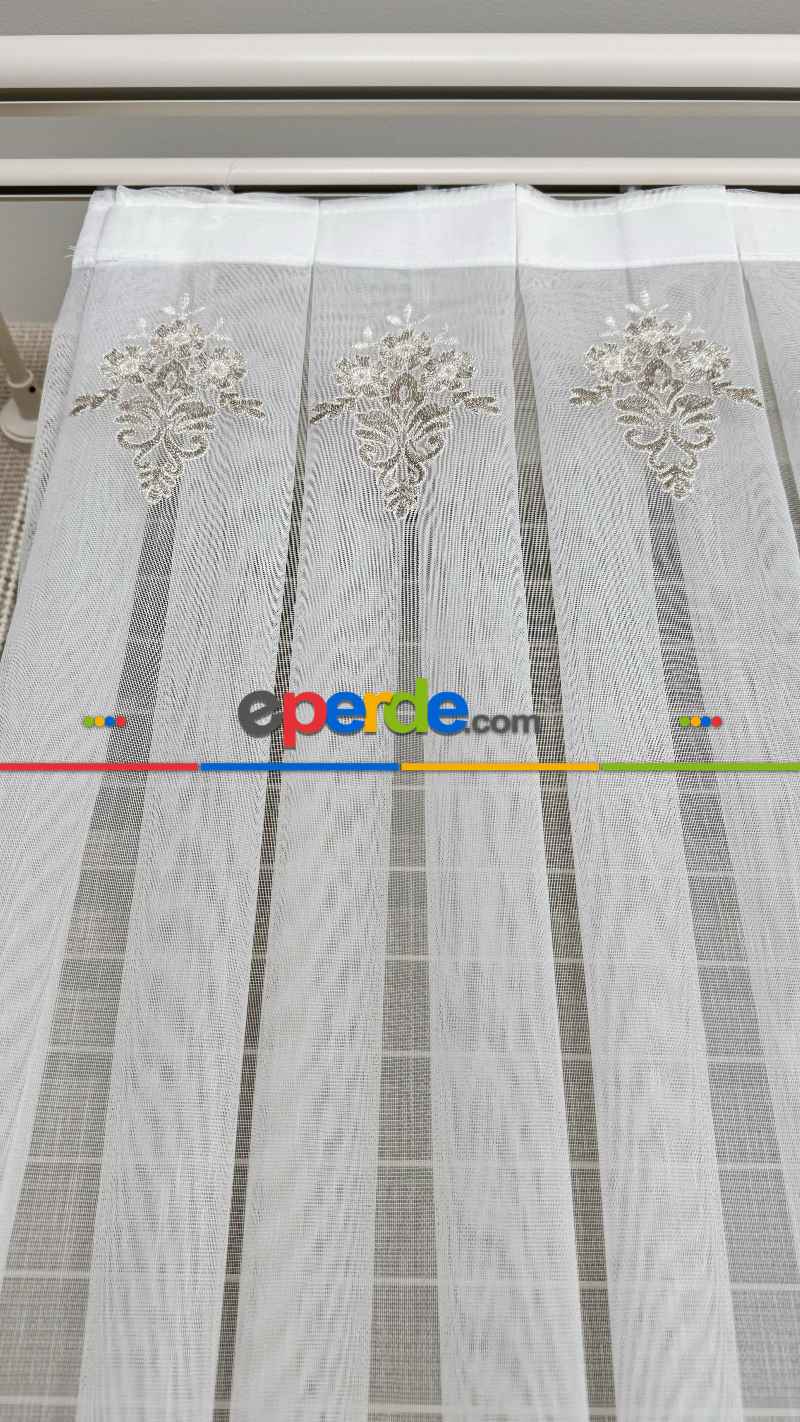 Ekru Bej Özel Dokuma, Özel İplik Brode İşlemeli Tül Perde - Ağır Gramajlı Premium Nakışlı