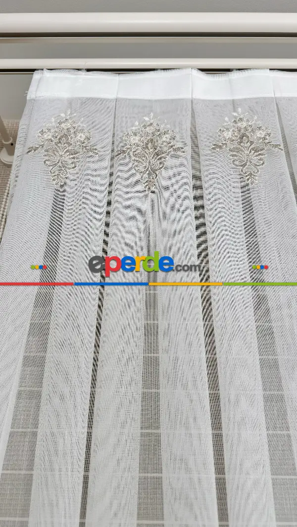 Ekru Bej Özel Dokuma, Özel İplik Brode İşlemeli Tül Perde - Ağır Gramajlı Premium Nakışlı