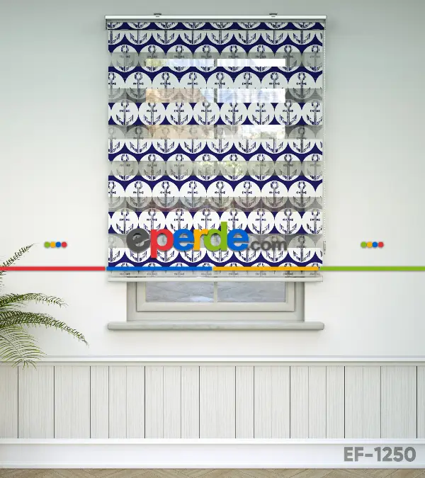 Çocuk Odası Zebra Perde - Çapa Baskılı Zebra Perde- Lacivert-Beyaz